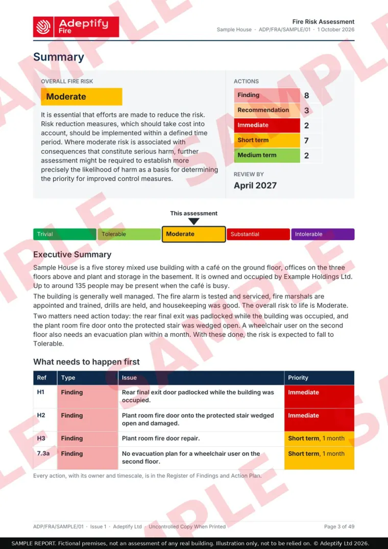 Sample report, summary page
