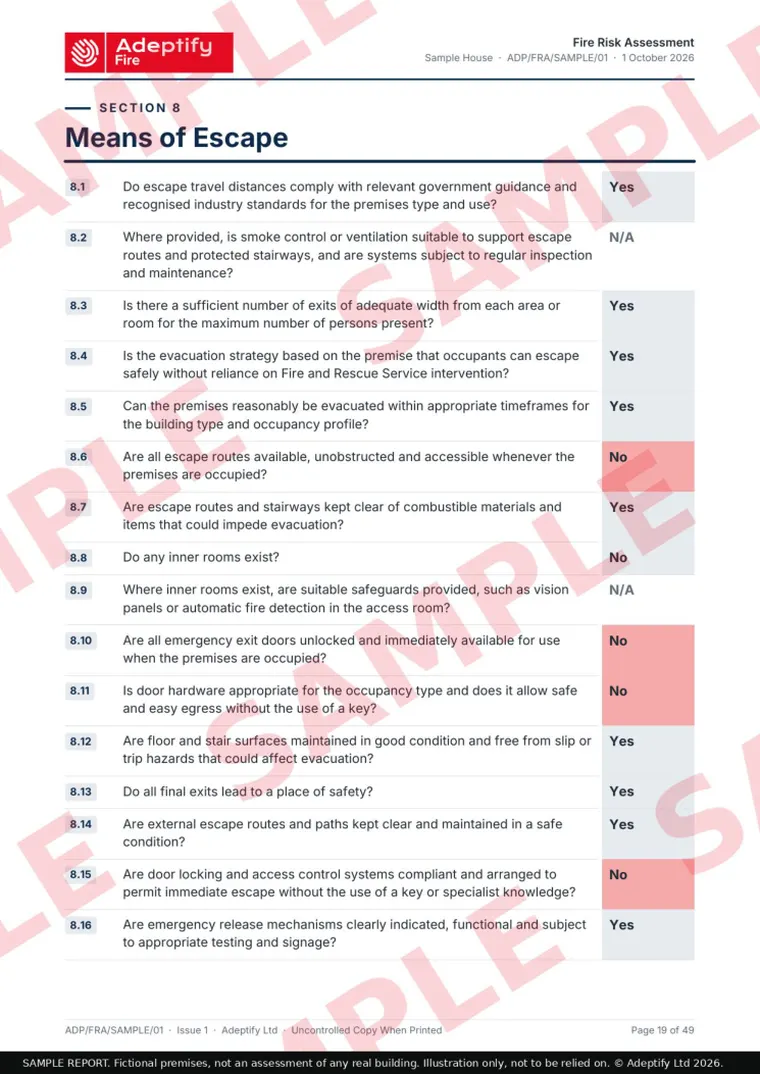 Sample report, means of escape page
