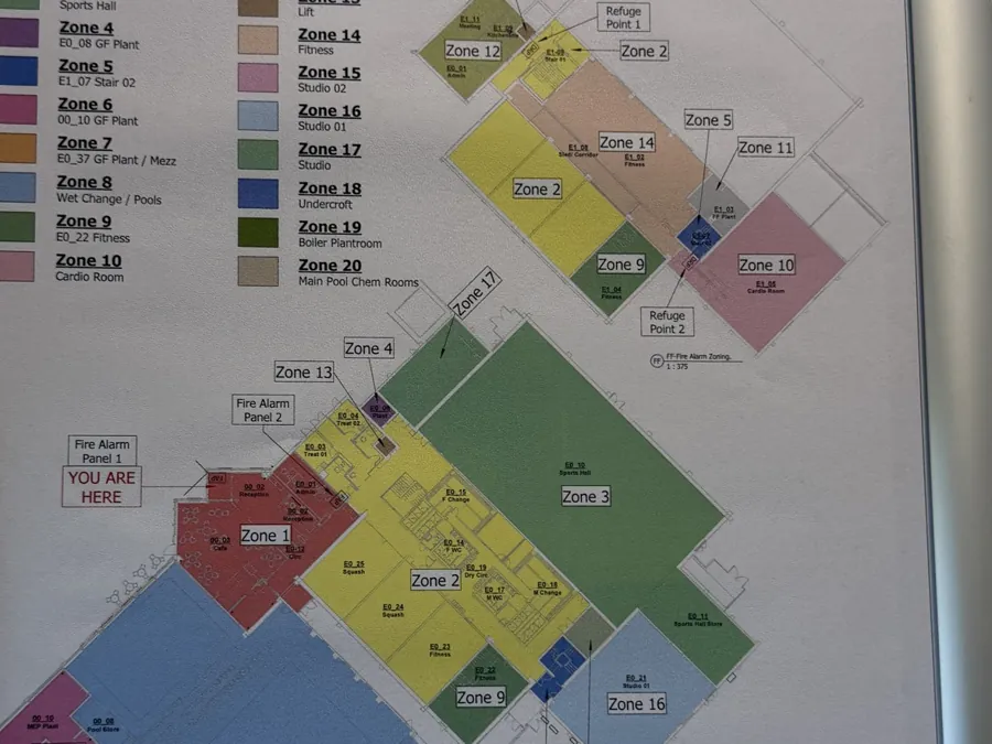 A colour coded fire zone plan of a building